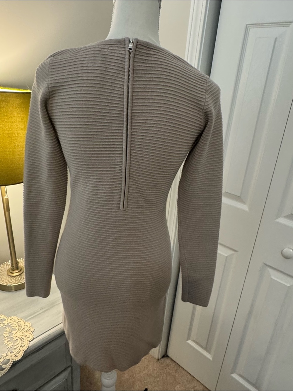 Taupe Ribbed Knit Long Sleeve Bodycon Mini Dress | Size Small | Closet Staple - Picture 3 of 8